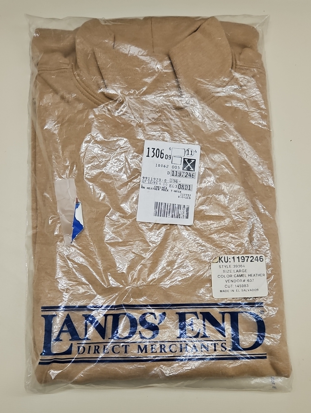 Vintage Lands End Mens Large Mock Neck Shirt Camel Heather Tan NIP 90s